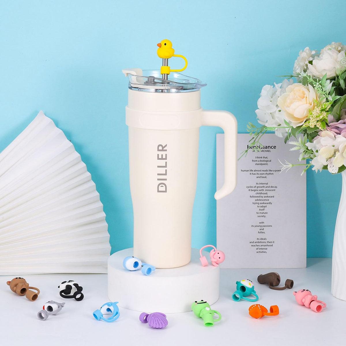 XLSXEXCL 20 Pcs Animal Straw Cover Caps Compatible with Stanley Cup, Silicone Cute Reusable Straw Toppers for Cups 30&40 Oz Tumbler Accessories 10mm