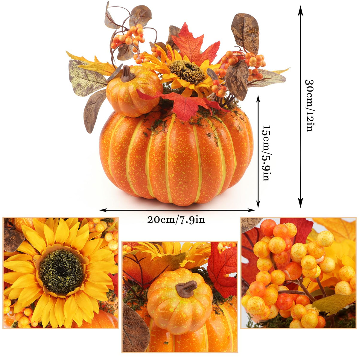 12 Inch Artificial Pumpkins Large Fake Pumpkin Decor Plastic Pumpkins Decorative with Sunflower Maple Leaf Berries Faux Pumpkin for Decorating Fall Harvest Thanksgiving Tables Centerpieces Decor