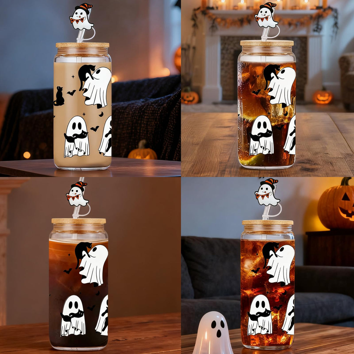 Halloween Glass Cups– 18oz Halloween Cups with Lid & Straw & Straw Covers, Ghost Tumbler Boo Basket Ghost Mug Iced Coffee Cup Decor Indoor
