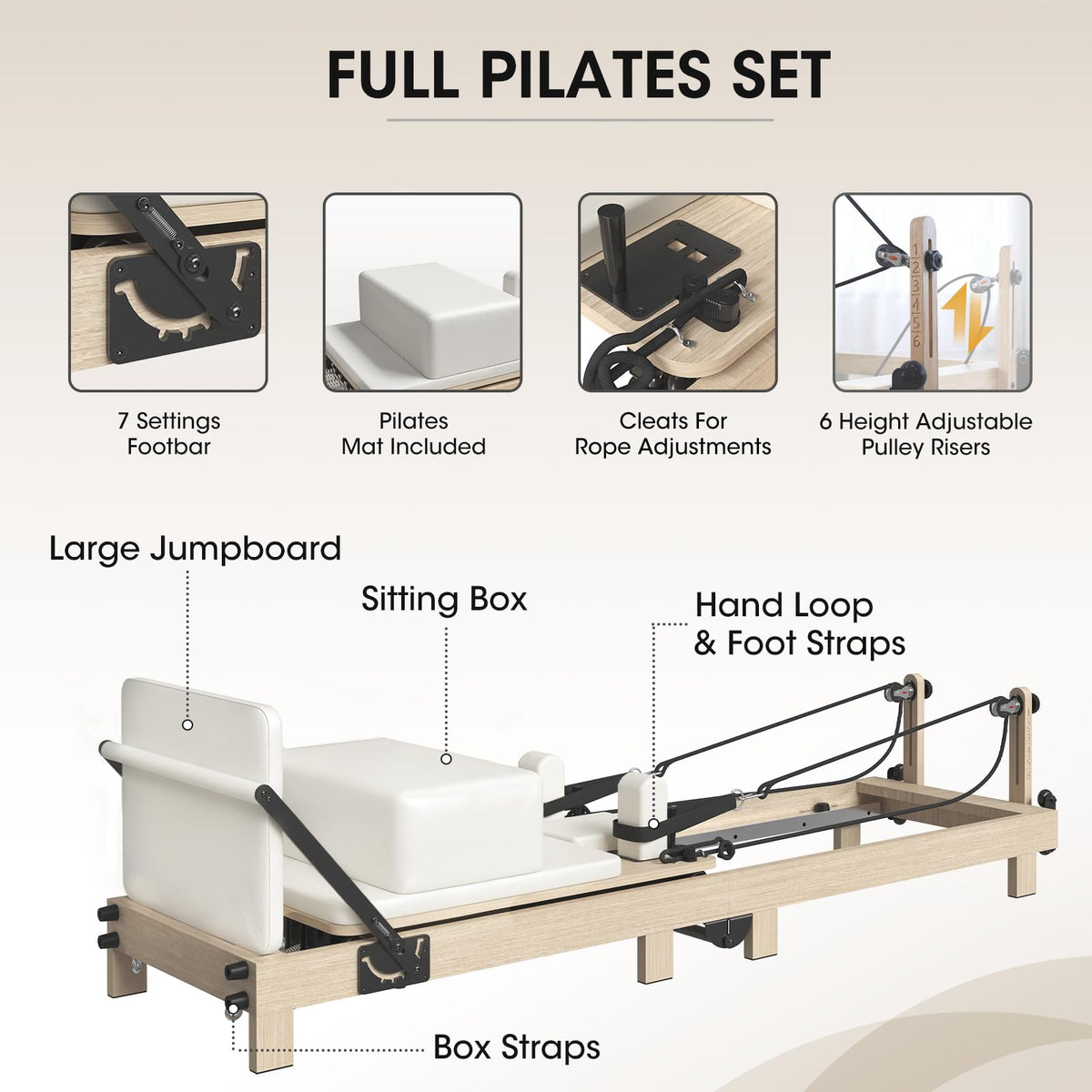 Pilates Reformer, PAETA 92" Wooden Foldable Pilates Reformer Machine with Springs, Pilates Machines for Home Use and Studio, Pilates Equipment with Sitting Box, Jump Board and Accessories(White)