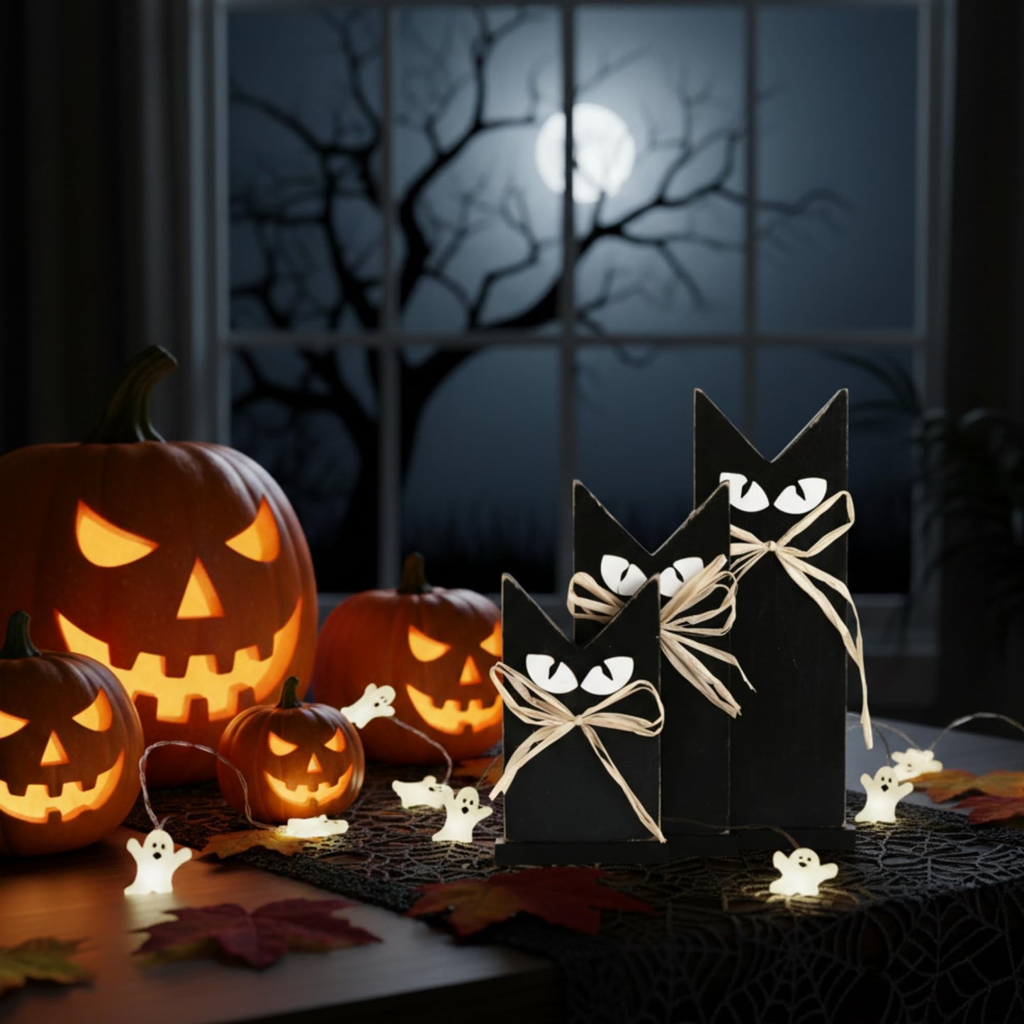 HH Family Halloween Table Decorations Black Cat Rustic Wooden Party Decor for Tabletop Shelf or Mantel (3 Black Cats)