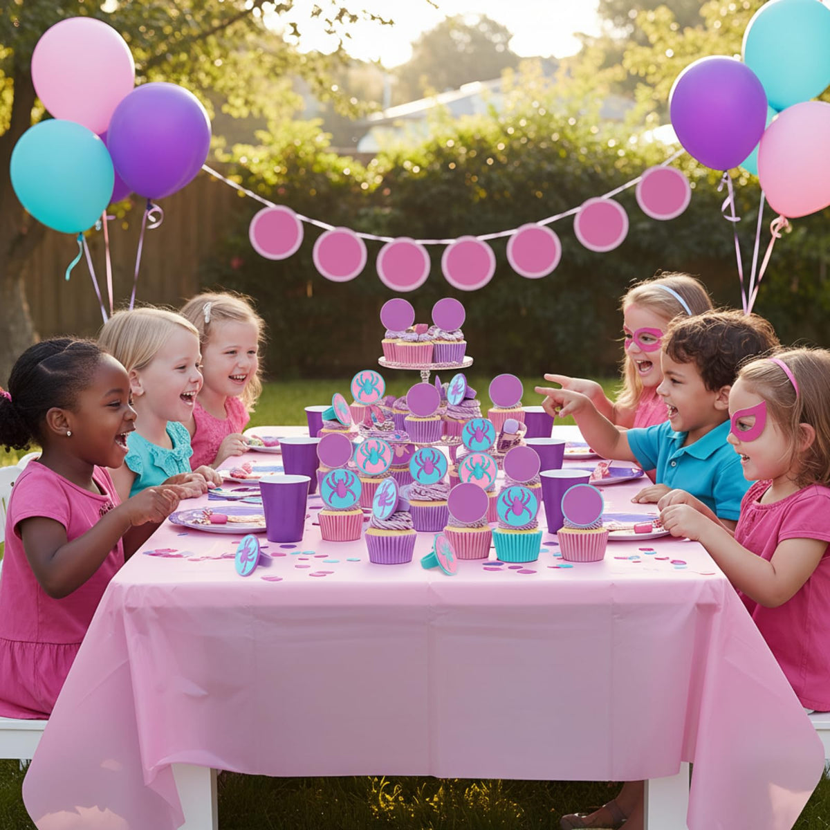 RoundFunny 48 Pcs Spider Cupcake Toppers Cake Decorations Spider Birthday Party Decoration Cupcake Dessert Rings Toppers for summer Party Gifts Classroom Prizes(Teal/Purple/Pink)