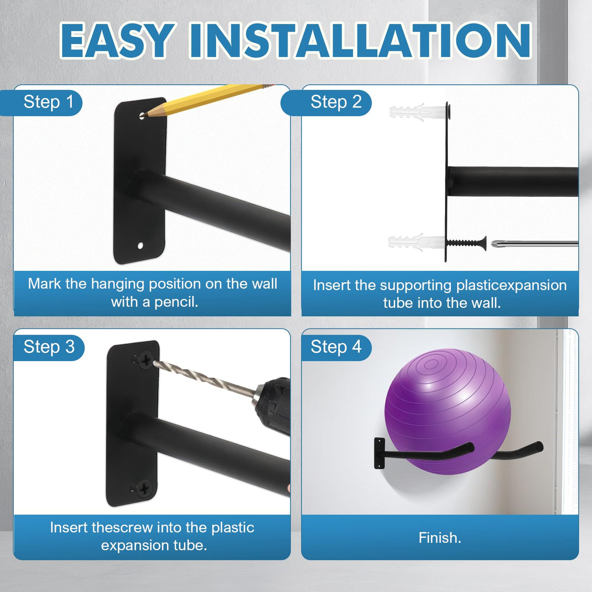 Medicine Ball Rack, 2 Pairs Yoga Ball Racks, Exercise Ball Wall Holder, Fitness Ball Wall Rack for Gym, Garage Ladder Wall Mount, Metal Storage Wall Rack for Basketballs, Volleyballs