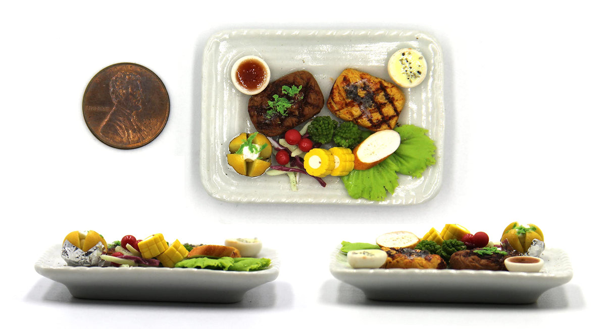 Lovely Mixed 5 Assorted Hawaiian Grilled, Steak, with Appetizer Dish Dollhouse Miniature Food, Tiny Food for Collectibles, Compatible with Barbie Dollhouse and Diorama Scale 1:6, 1/6