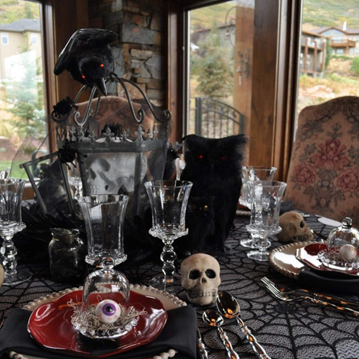 Joysail Halloween Tablecloth - Gothic Black Lace Spider Web Table Cover for Halloween Masquerade, Dinner Party, Scary Movie Nights Table Decorations - 53x68 Inches