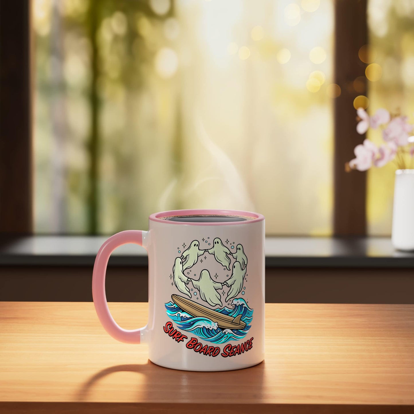 Summerween Art Surf Board Seance Halloween Ceramic Mug, Pink/White