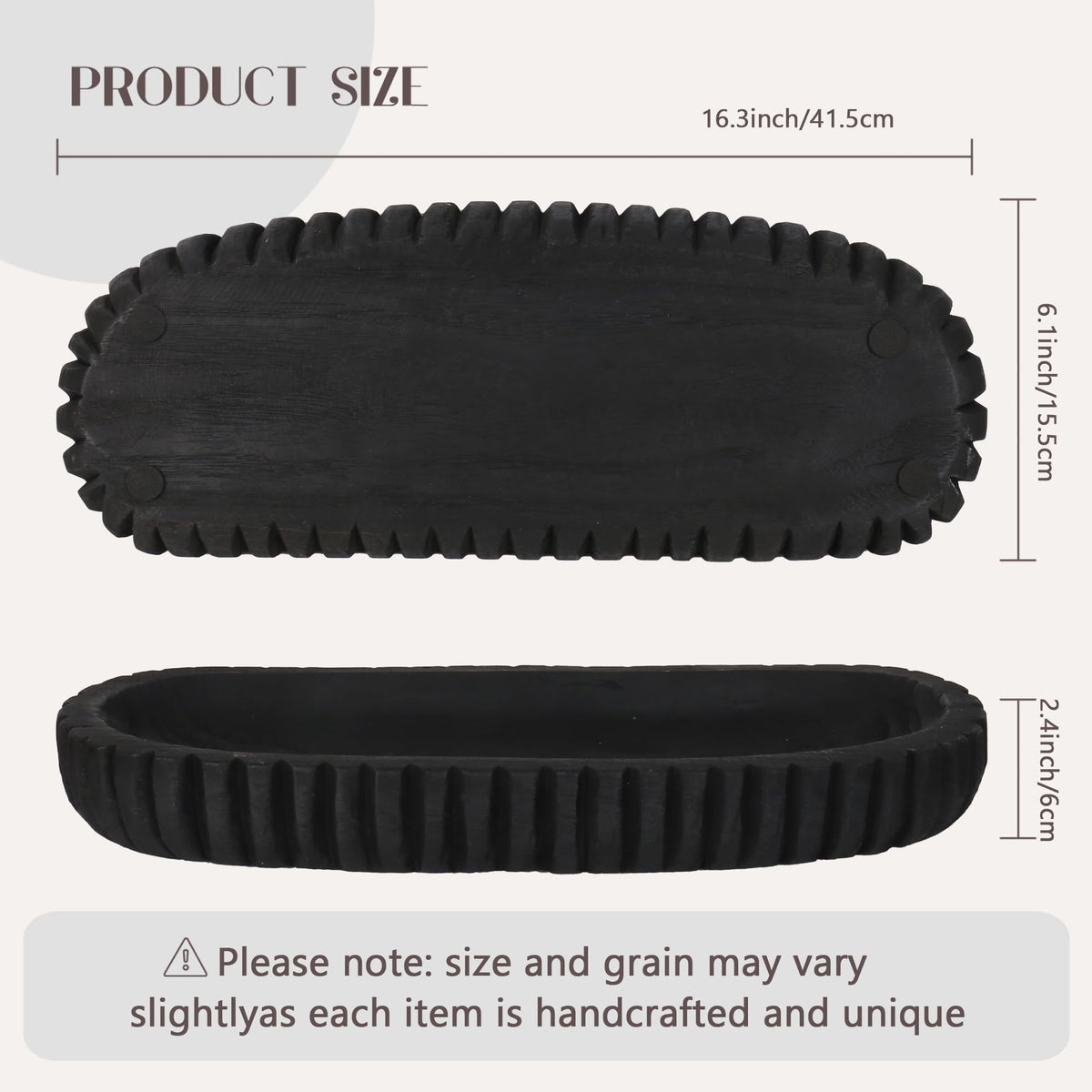 Oakrain Wooden Decorative Bowl for Home Decor, 16" Rustic Dough Bowl with Hand Carved Vertical Stripes, Long Wood Tray for Table Centerpieces, Matte Black