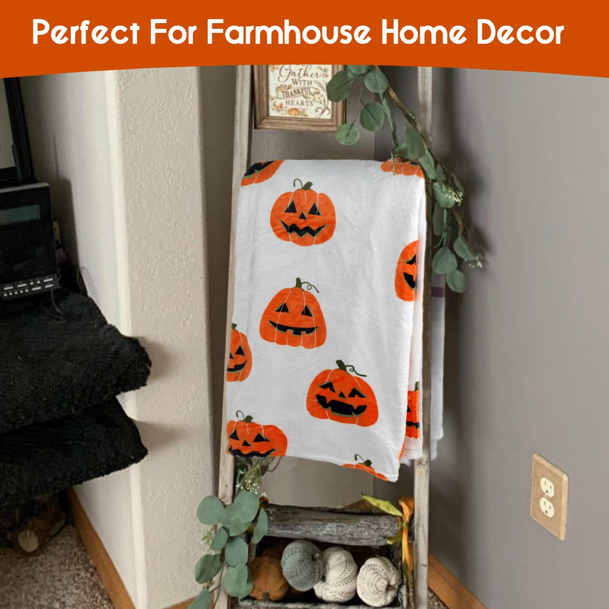 Yiyhuxf Halloween Pumpkin Face Blanket - Orange Flannel Fleece Throw for Home, Living Room, Bed, Chair Decor - 60"x50"
