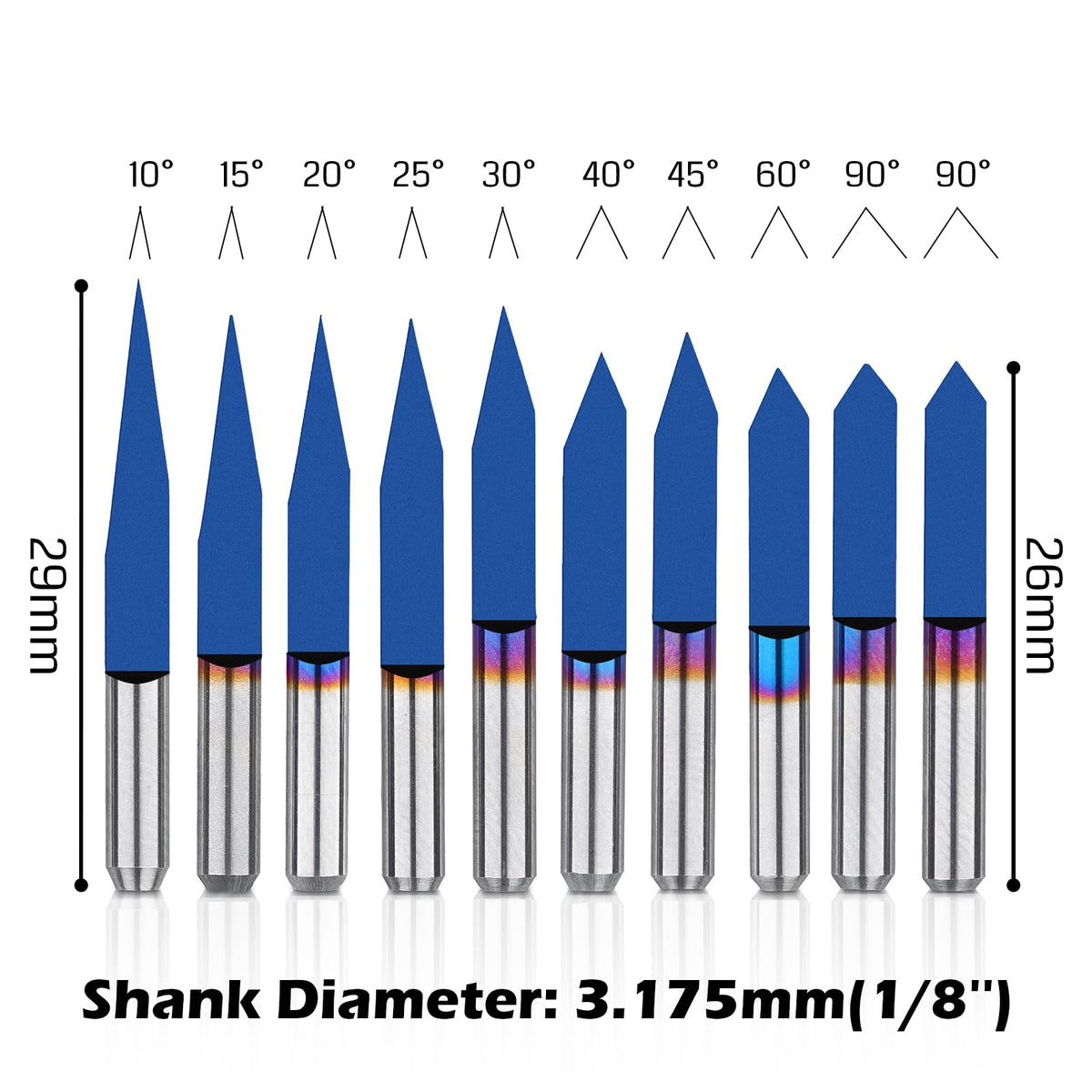 Genmitsu 10 Pcs 1/8" Shank V-Groove CNC Router Bits, 10 /15 /20 /25 /30 /40 /45 /60 /90 Degree Set, Nano Blue Coat Conical V-Bit, Engraving Tool for CNC Signmaking Carving Lettering 2D&3D Sculpture