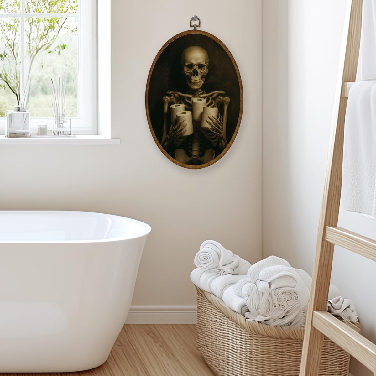 WULQYING Funny Gothic Skeleton Bathroom Wall Art Decor, Dark Academia Skeleton Oval Framed Canvas Art Prints, Halloween Wall Hanging Decor for Home Bathroom Washroom Restroom Toilet, 8.6x11.4 Inches