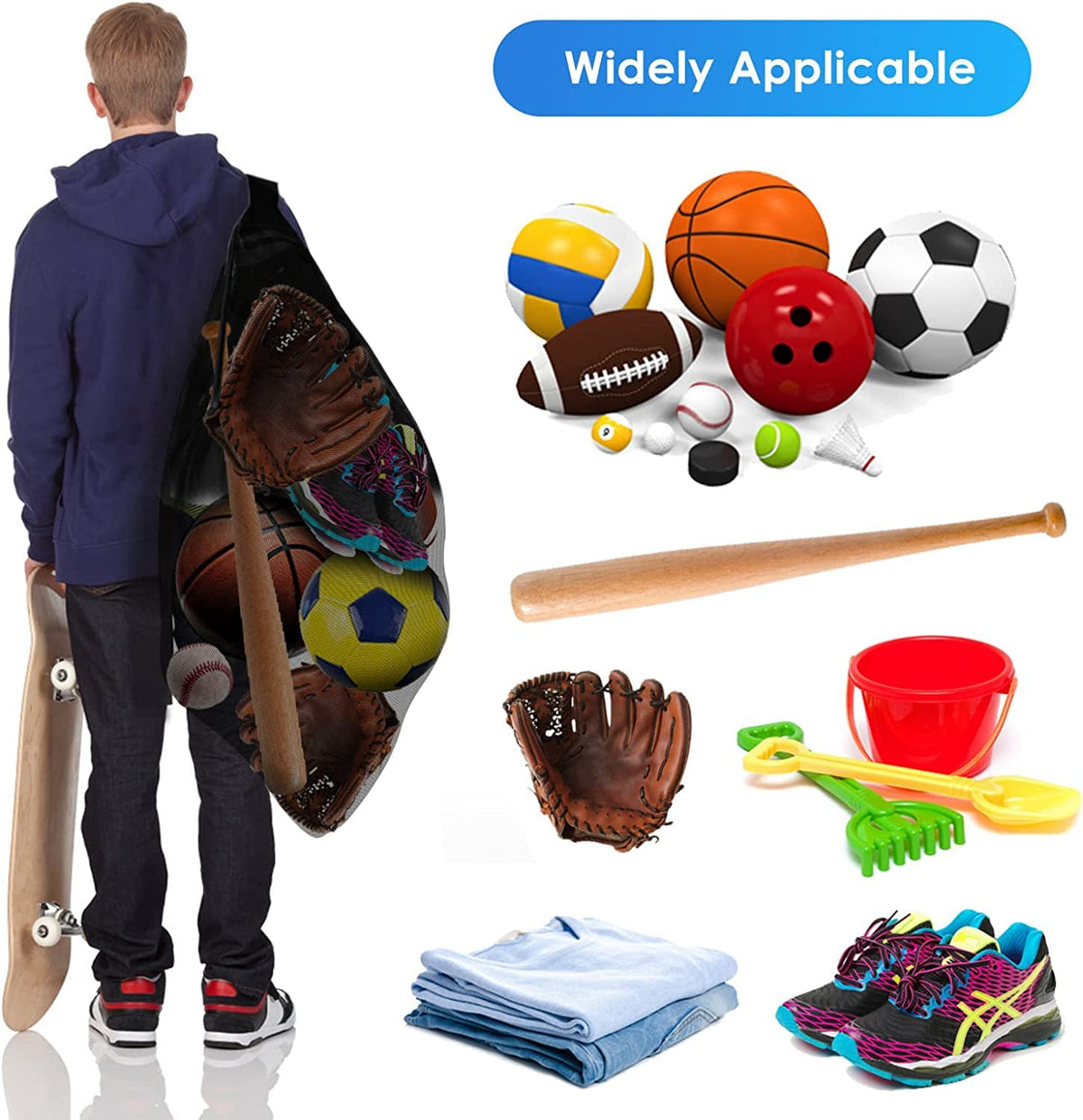 BROTOU Extra Large Sports Ball Bag Mesh, Basketball Bags Team Balls, Adjustable Shoulder Strap, Team Work Ball Bags for Holding Soccer, Football, Volleyball, Swimming Gear (30” x 40”) (1PCS)