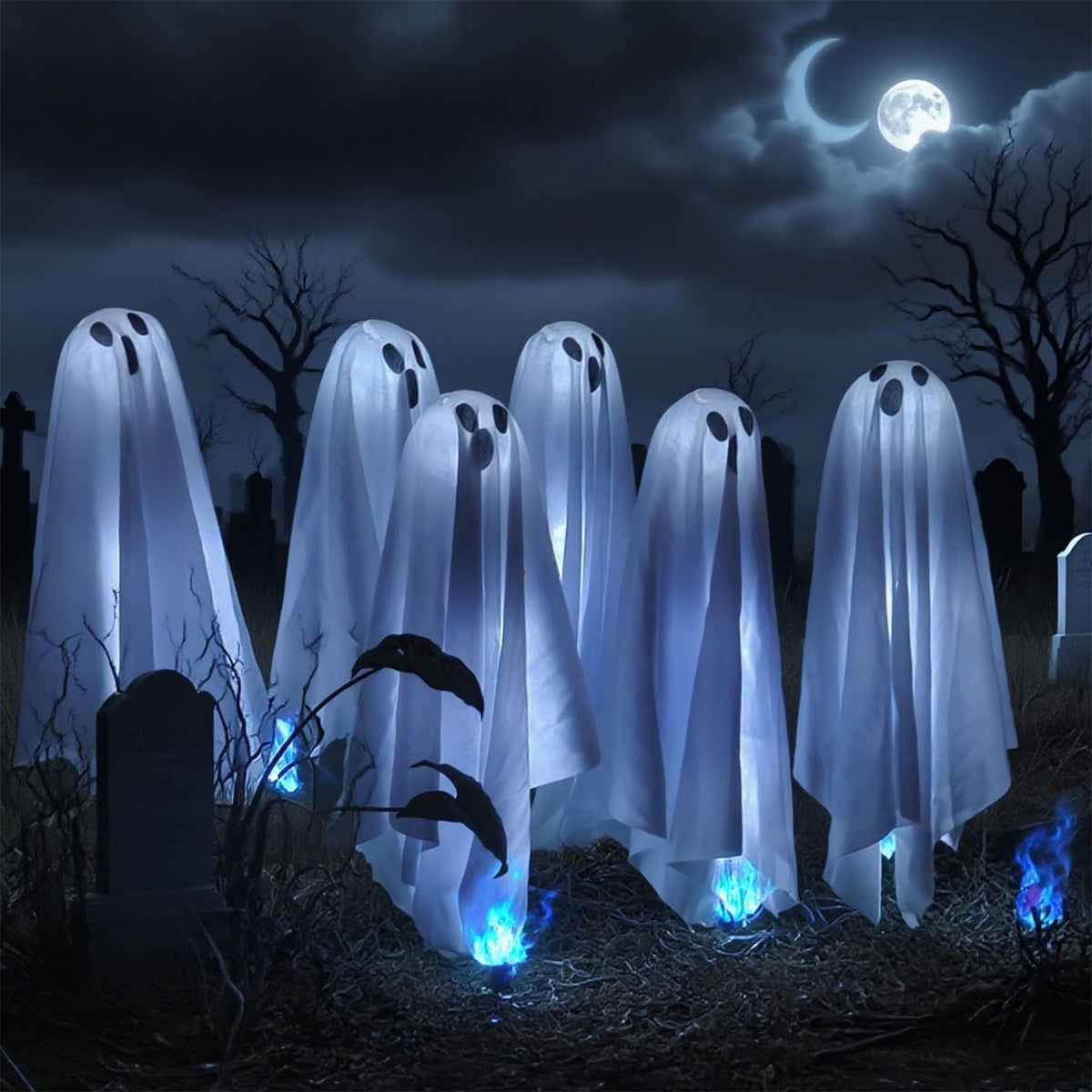 6 in 1 Halloween Decorations Outdoor, Solar Ghost Pathway Lights, Waterproof, LED Light Up Spooky Ghost Decor for Front Door Porch Garden Yard Lawn Patio Halloween Party