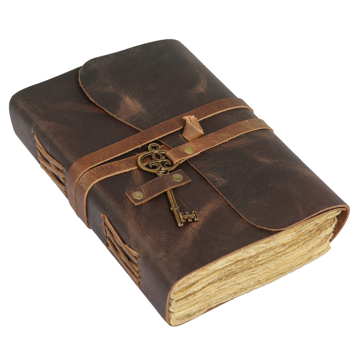 Leather Journal with Deckle Edge Paper 8x6 inch and Vintage Key | Handmade Writing Notebook Diary | Bound Daily Notepad for Men & Women Medium, Sketch/Writing pad for Artists