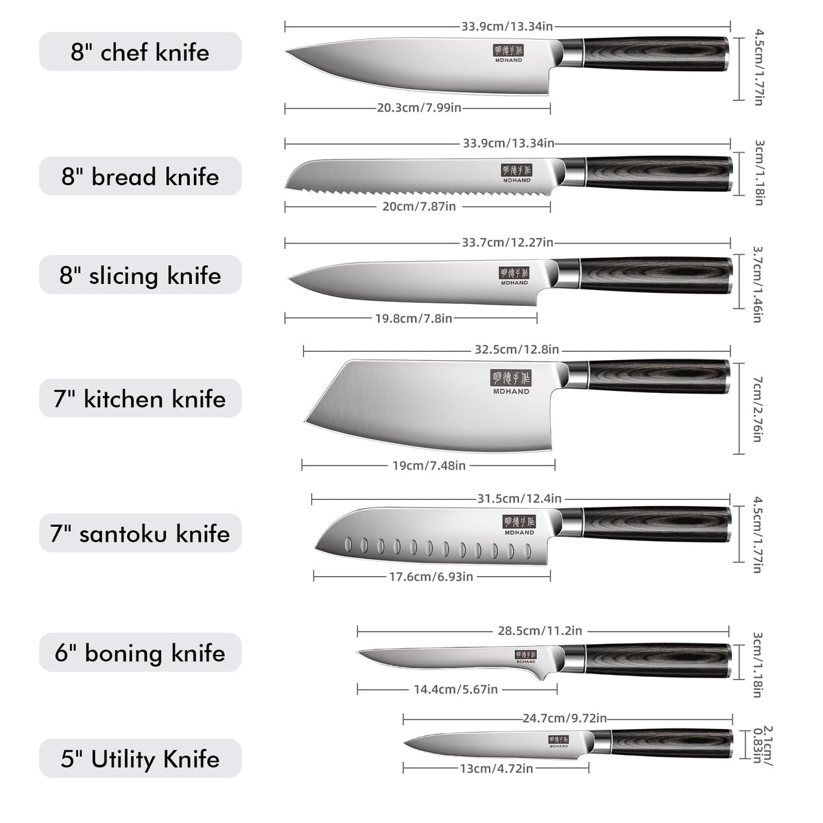MDHAND Kitchen Knife Set, 7 Pieces Ultra Sharp Japanese Knife Set, High Carbon Stainless Steel Professional Chef Knives Set with Black Pakkawood Handle for Home Cooking, Dishwasher Safe