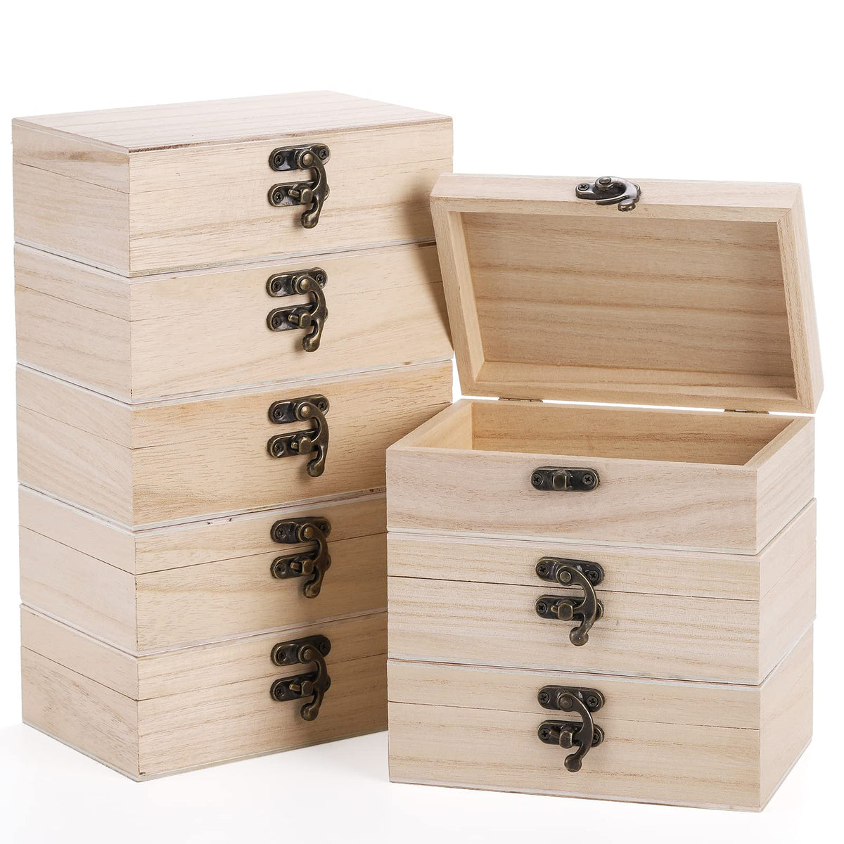 yarlung 8 Pack Unfinished Wooden Boxes for Crafts, 6x4x2 Inch Small Jewelry Storage Box Unpainted DIY Gifts Boxes for Treasure Chest Art Hobbies Memory Box, Hinged Lid with Front Clasp