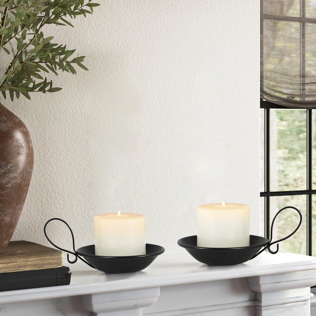 Matte Black Iron Candle Holder with Handle, 2pcs Iron Pillar Candle Holders with Safety Spike for Pillar/Ball Candles, Table Centerpiece Decoration