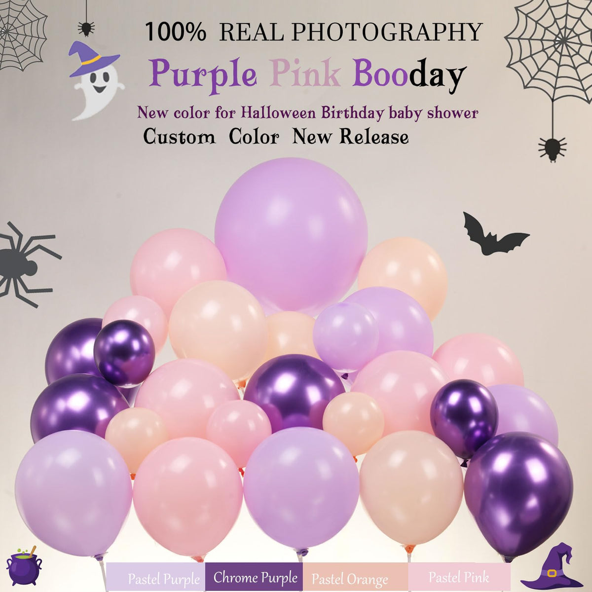 Pastel Halloween Birthday Balloon Garland arch Kit 130 Pcs Purple Pink Orange Balloons + Bat Ghost Mylar Balloons for Spooky Halloween Arch Booday Summerween birthday Party Decorations