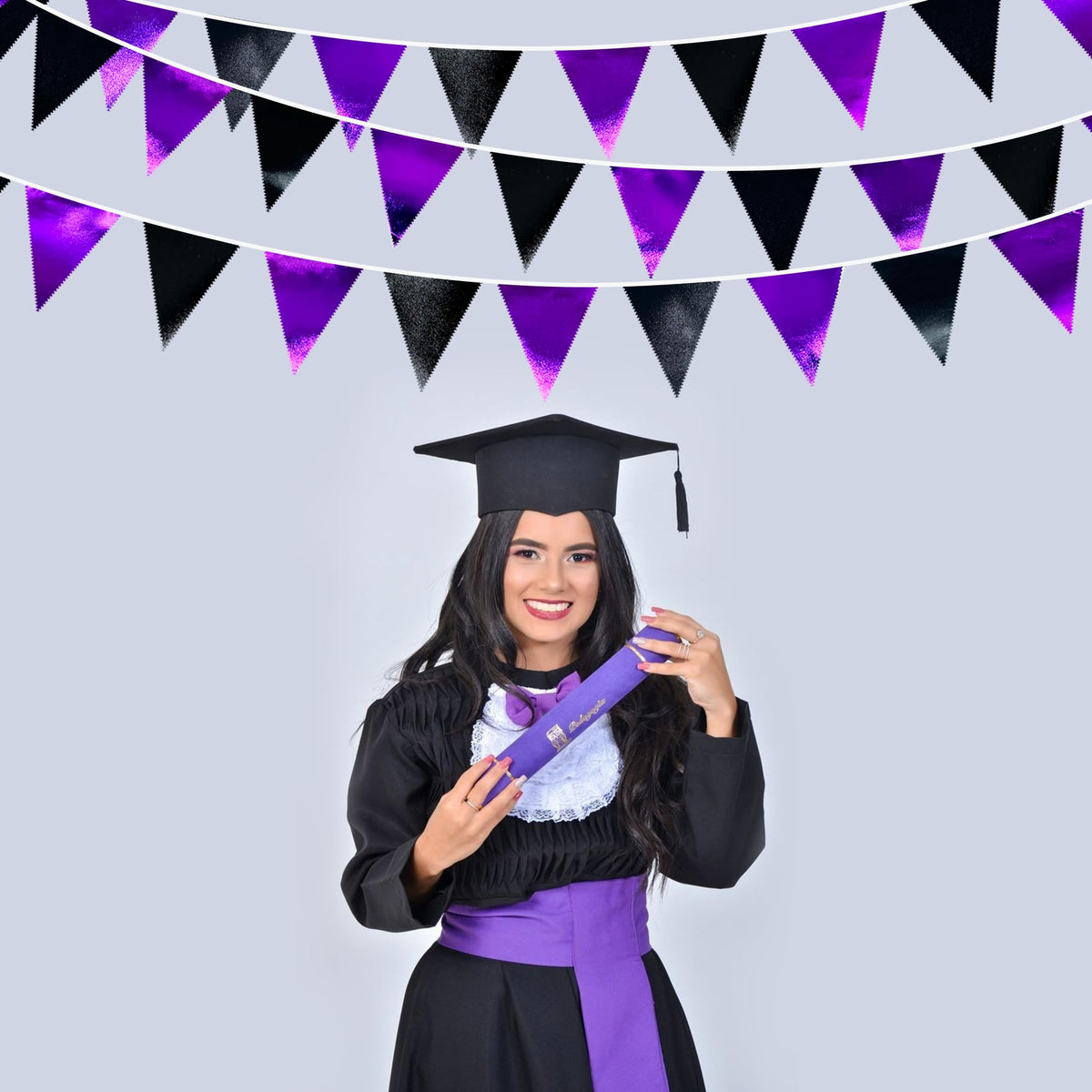 Purple and Black Party Decorations Metallic Fabric Triangle Pennant Banner Flag Bunting Garland for Graduations Birthday Retirement Wedding Baby Shower Bachelorette Halloween Outdoor Party Supplies