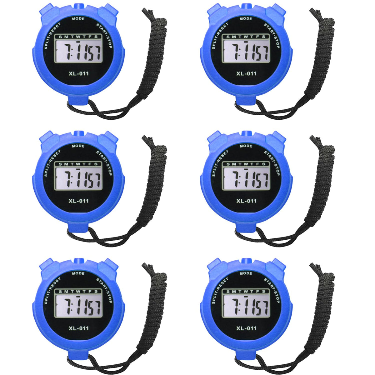 6-Pack Multi-Function Electronic Digital Sport Stopwatch Timer, Large Display with Date Time and Alarm Function, Sports Coaches Fitness Coaches and Referees (Blue)