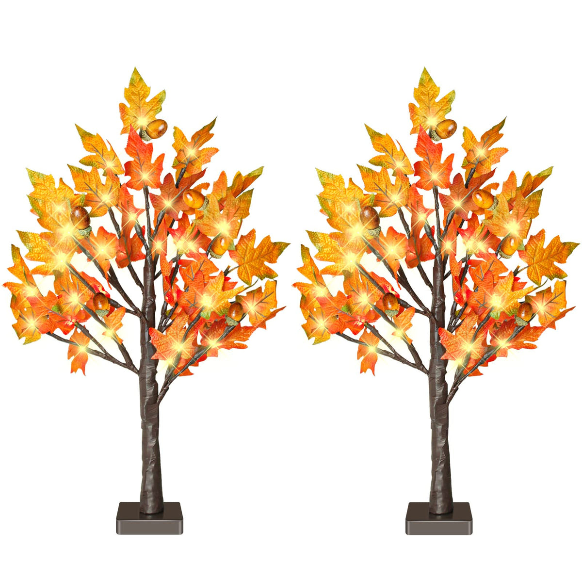 24 Inch Fall Lighted Maple Tree, 2FT Fall Tree with 36 LEDs, 6 Acorns, Timer Battery Operated, Thanksgiving Decorations Table Lights Tree for Autumn Wedding Party Gift Harvest Home
