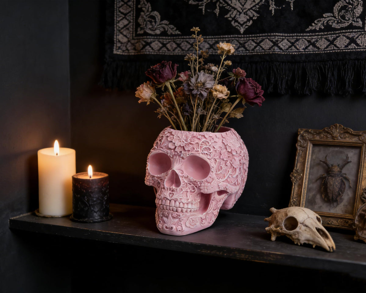BOIHEGU Skull Bowl Decorative Skull Vase Makeup Brush Pen Holder Organizer Dresser Gothic Table Organizer Decoration, Pink Skull Pot Enthusiasts Gifts