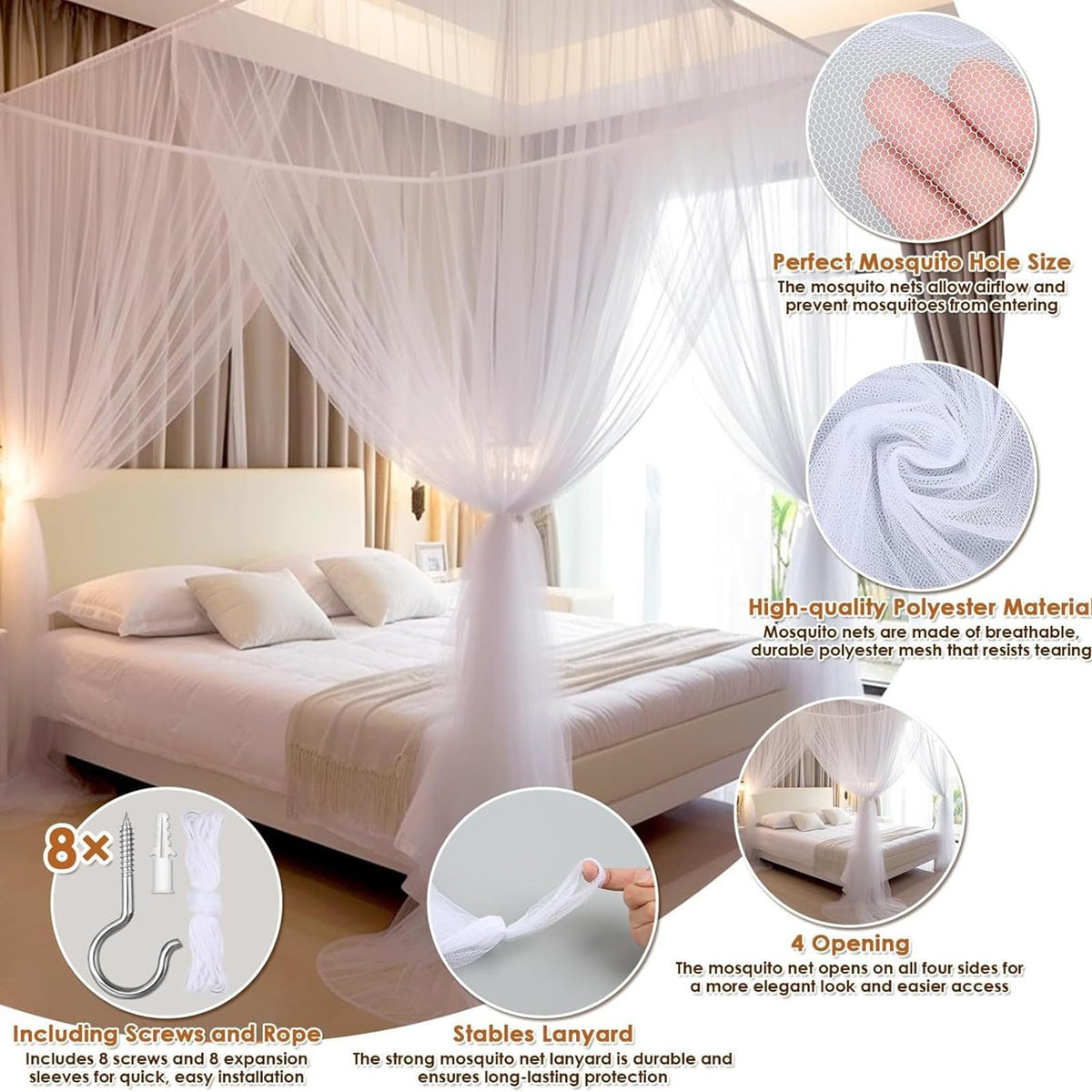 Vawolecy Mosquito Net Bed Canopy for Full Queen King Size Bed,4 Corner Canopy Gothic Bed Curtains,Bug Net for Camping Patio, Halloween Decoration