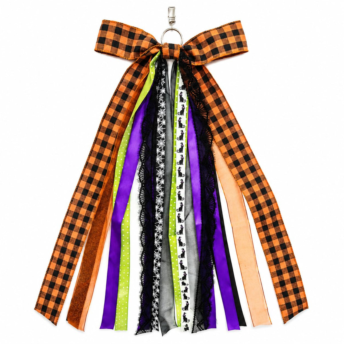 Halloween Wreath Sash Front Door Ribbon Bow Large Orange Black Buffalo Plaid Purple Spider Web Cat Streamer Fall Porch Decoration
