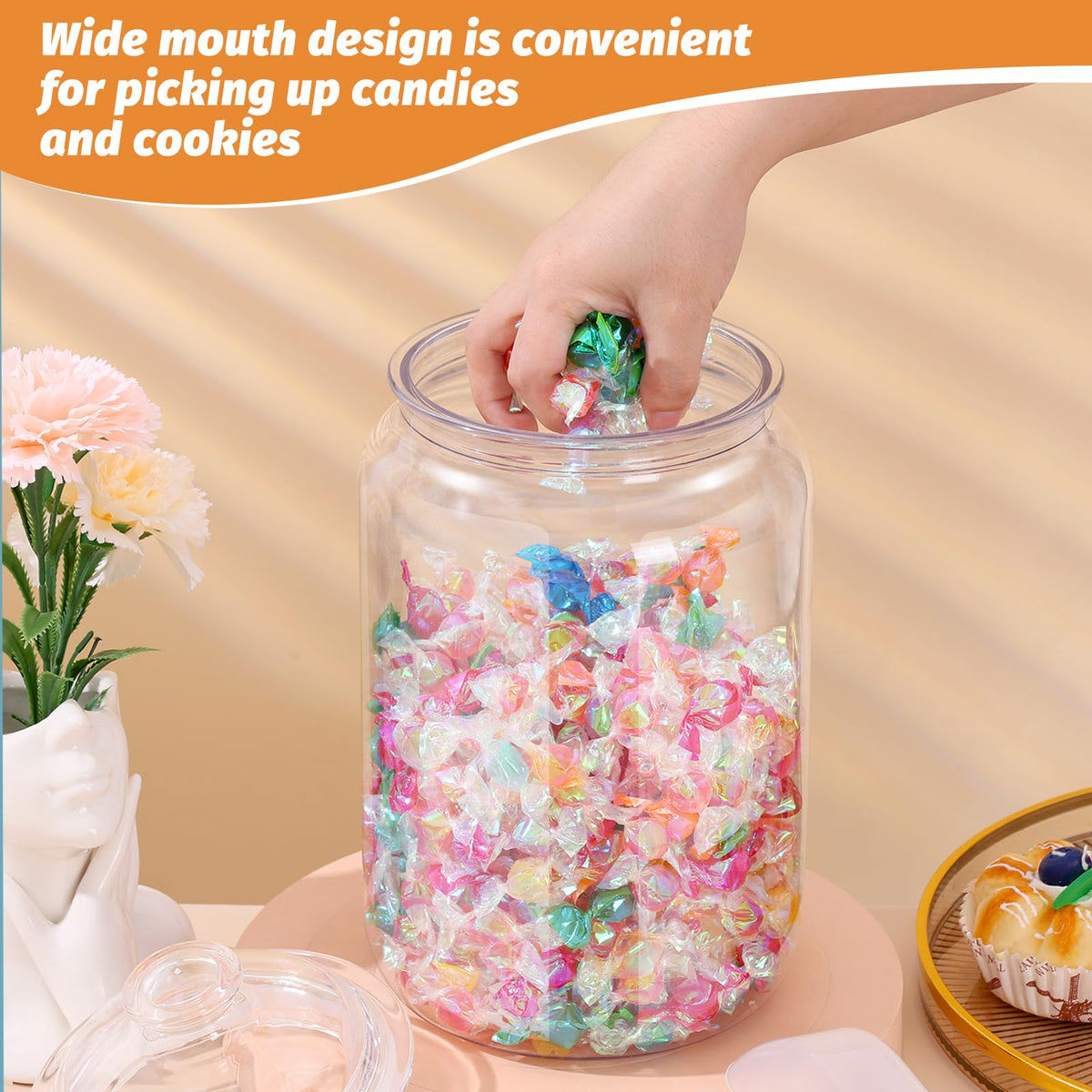mwellewm 2 Pc Candy Jar with Lids 1 Gallon Large Candy Containers with Spoon Clear Plastic Cookie Dispenser Airtight Apothecary Storage Organization Snack Buffet Bar Dish for Wedding Home Classroom
