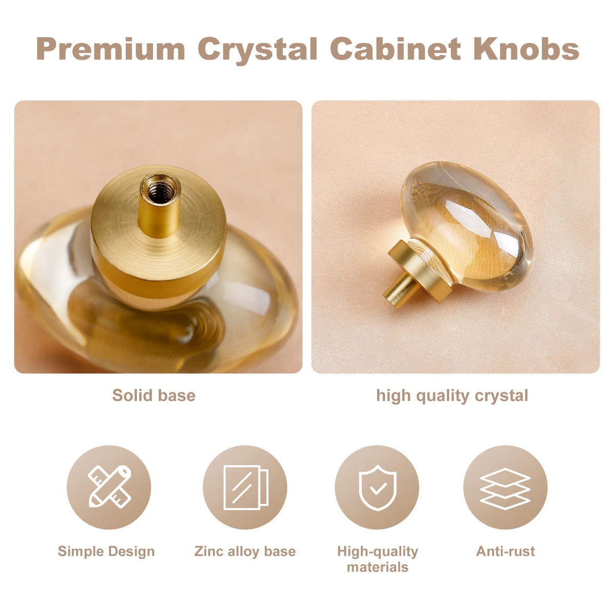 CLCTK 8 Pack Champagne Crystal Cabinet Knobs, Gold Cabinet Glass Knobs for Dresser Drawers Brass Furniture Hardware Pulls (Oval)