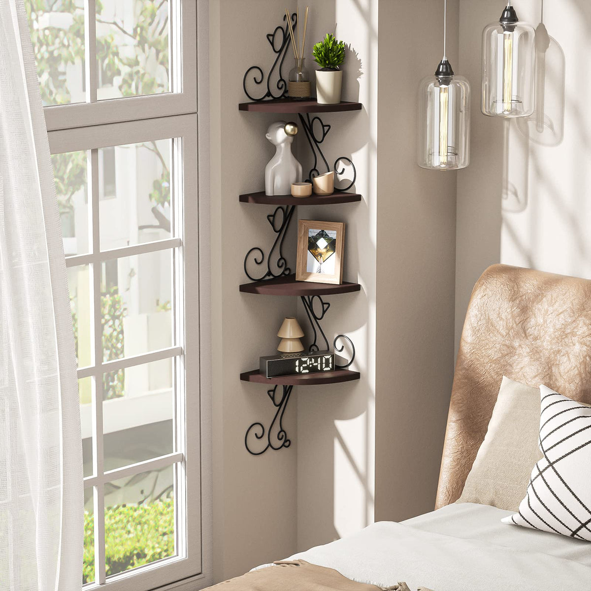 Alsonerbay Corner Shelf Wall Mount, 4 Tier Floating Shelves for Wall, Easy-to-Assemble Wall Shelves Rustic Wood Decor for Bedroom Living Room Bathroom Kitchen Office, Walnut Finish