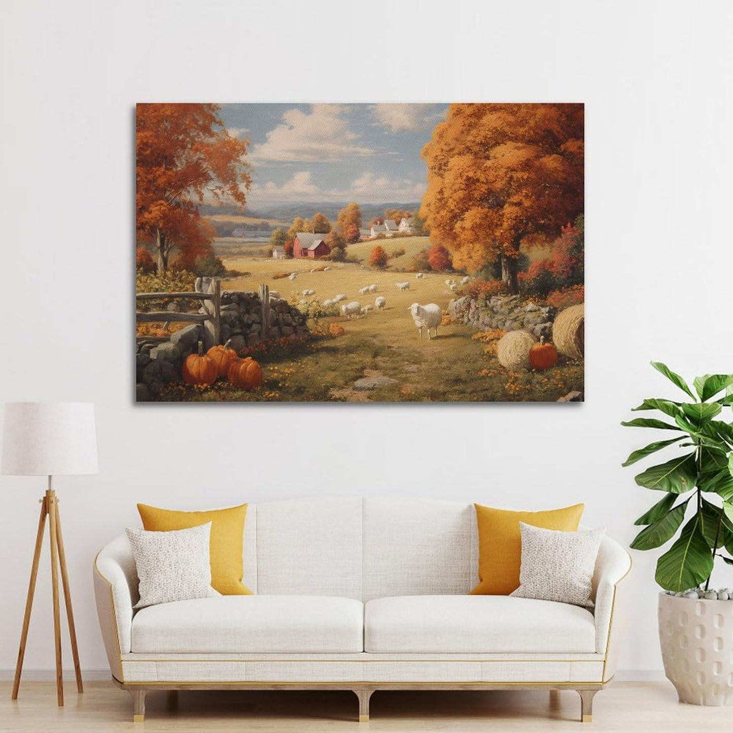 GoiaPvb Autumn Wall Painting Pumpkin Autumn Landscape Poster Farmhouse Pumpkin Canvas Painting Sheep Flock for Home Wall Decoration for Room Aesthetic
