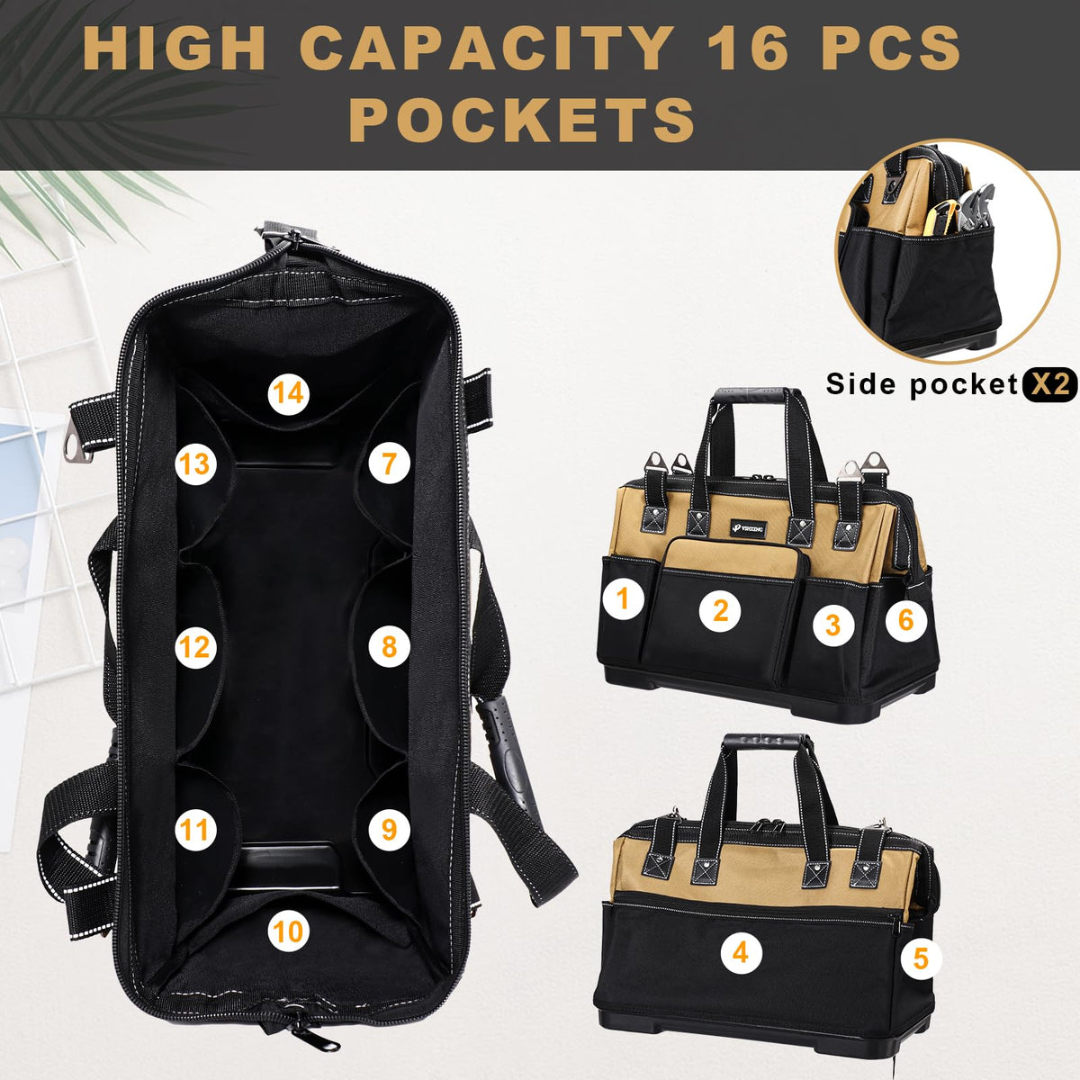 VSHXENG 17 IN Large Tool Bag For Men Heavy Duty, Drill Bag Tool Bag Organizer, Wide Mouth Waterproof Hard Bottom Multiple Pockets Tool Tote, Tool Caddy, Maintenance