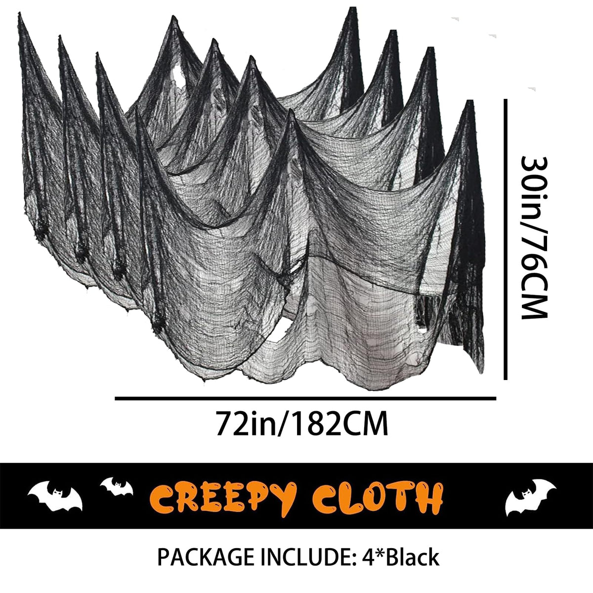Kijamilee 4 Pack Halloween Creepy Cloths, Scary Spooky Cloth Creepy Gauze, 30 x 72inch Freaky Loose Weave Creepy Cloth, Decorations for Haunted Houses Props Halloween Wall Outdoor Indoor Decor (Black)