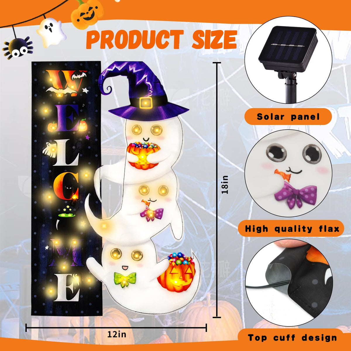 Halloween Lighted Garden Flag, Solar Yard Flag for Outside, 8 Modes Double Sided Welcome Halloween Ghost Outdoor Decorations for Home Porch (Ghost-12x18)