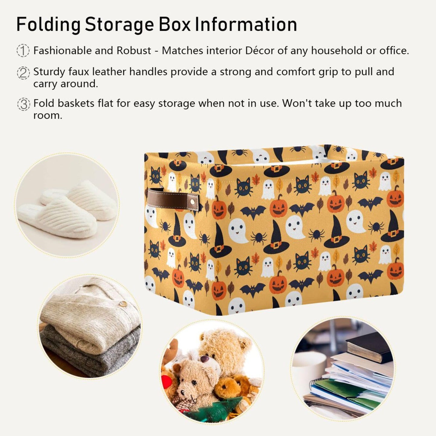 Bolaz Large Storage Basket Halloween Spooky Skull Pumpkin Black Cat Foldable Storage Box Organizer Bins with Handles for Bedroom Home Office