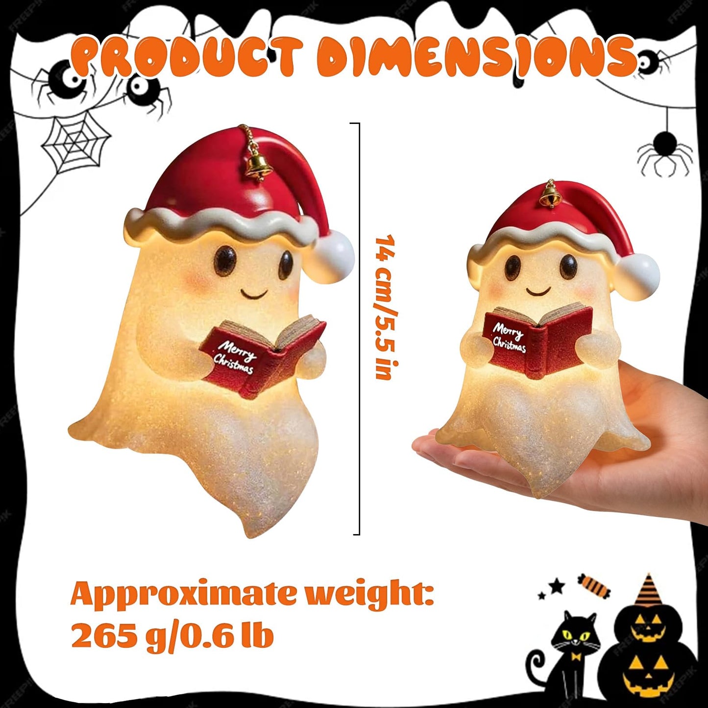 YYPLIAN 3D Resin Halloween Ghost Night Light, Ghost Warm Lighted Indoor Figurine Lamps for Bedroom Study Room Funny Christmas Indoor LED Nightlight (Xmas Ghost Light, 8")