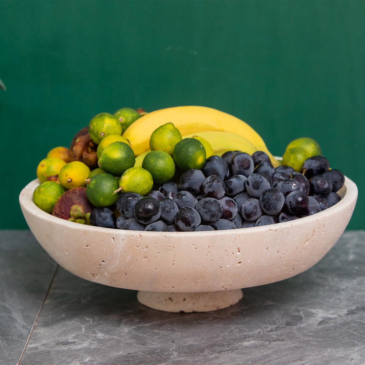 Natural Travertine Fruit Bowl for Kitchen Counter11.8",Large Decorative Bowl & Travertine Bowl Pedestalfor Kitchen Counter & Dining Table ,For Entryway, KitchenFruit Bowl, Dining Table Centerpiece.