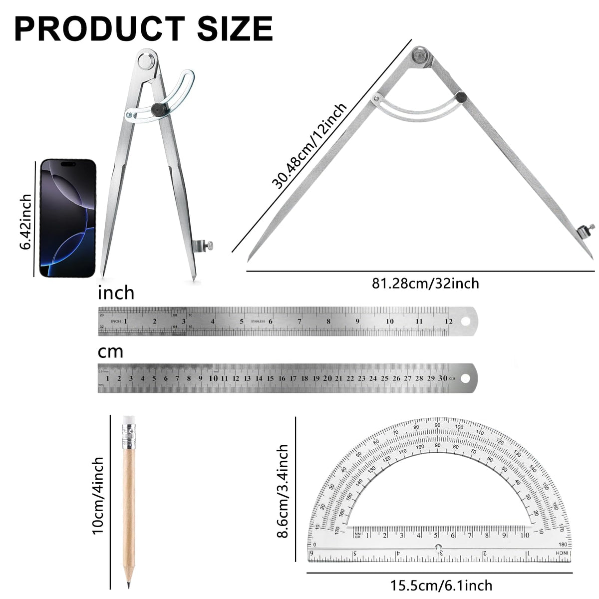 Eikovia Compass Geometry Tool, Drawing Compass, Professional 12 Inch Large Compass with Wing for Woodworking, 6 Inch Protractor, 12 Inch Ruler, 2 Pencil for Carpenter, Drafting