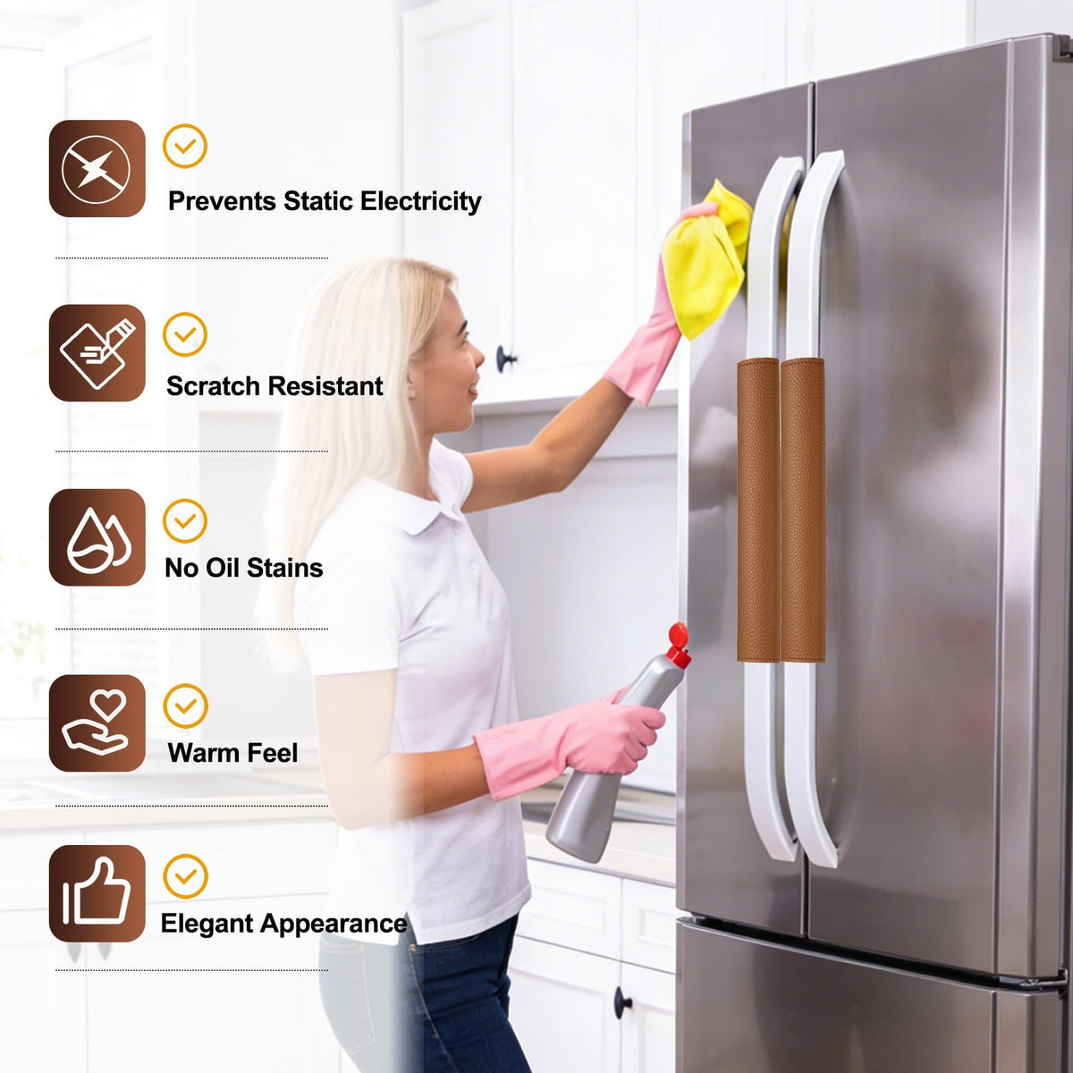 uxcell 4Pcs Refrigerator Door Handle Covers, PU Leather Kitchen Appliance Handle Protector, Anti-Static Fridge Handle Cover Keep Your Microwave Oven Dishwasher Clean, Brown