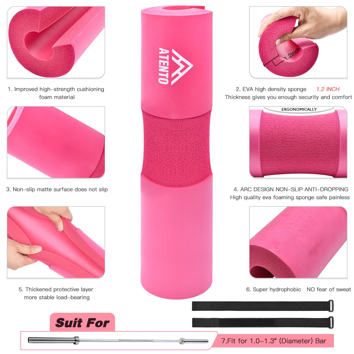 ATENTO 10 Pcs Barbell Pad Set, Hip Thrust Pad for Bench Press, Lunges, Workout, Leg Exercise, Squat Bar Pad (Pink)