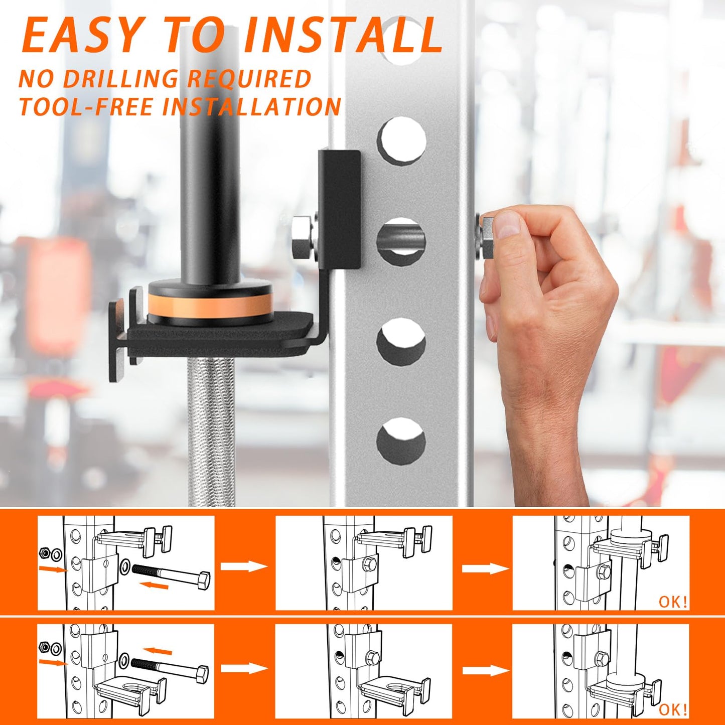 J Bryant Barbell Holder for 3x3 Power Racks, No Drilling Required – Heavy-Duty Steel Barbell Storage Rack with Protective Padding, Fits 5/8''-1'' Holes – Secure & Space-Saving Gym Equipment Organizer