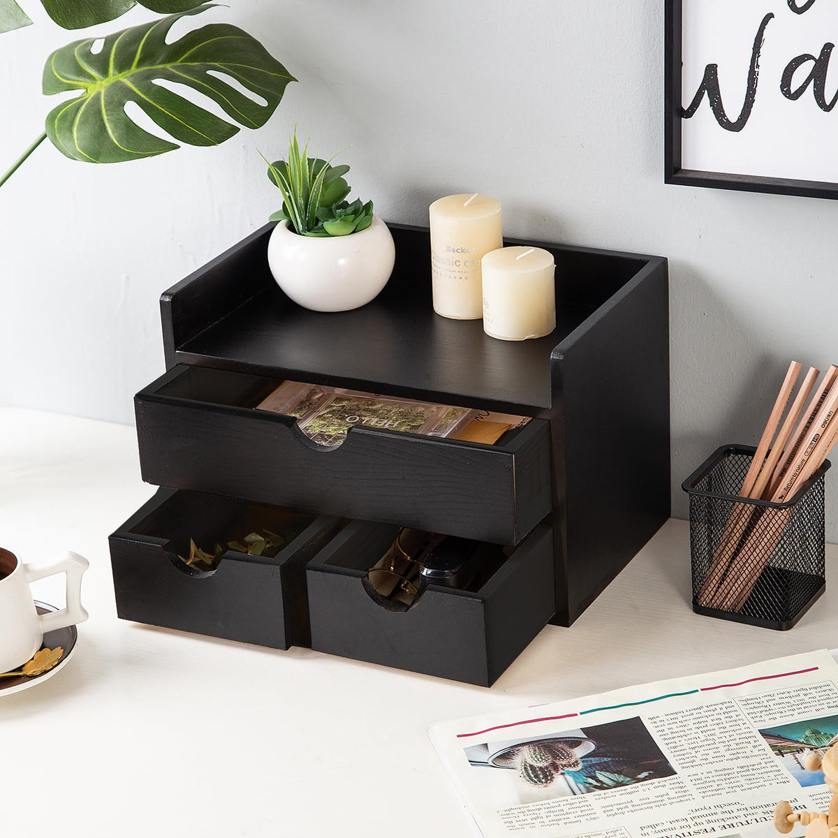 Rustic Distressed white 3-Tier Wood Desk Organizer with 3 Drawers Mini Storage Shelf For Desk, Toiletries Vanity Office Supplies (Black)