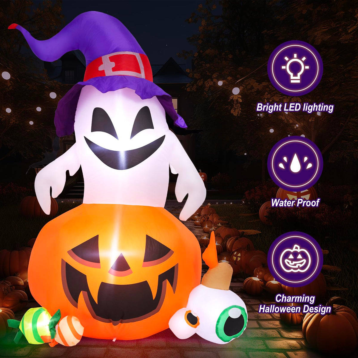 5FT Halloween Inflatable Outdoor Decoration Pumpkin Ghost with Built-in LEDs Blow Up for Halloween Party Holiday Indoor Outdoor Garden Lawn Yard Decorations