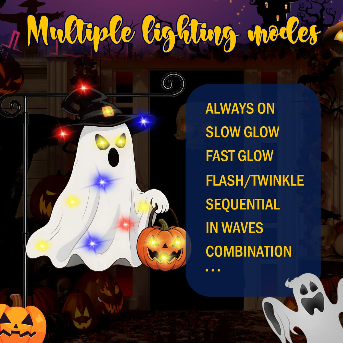GOAUS Halloween Garden Flag Solar Lighted, Witch Ghost Decorations Outdoor, Double Sided Oxford Decorative Flag for Lawn Yard Outside Decor, 12x18 Inches