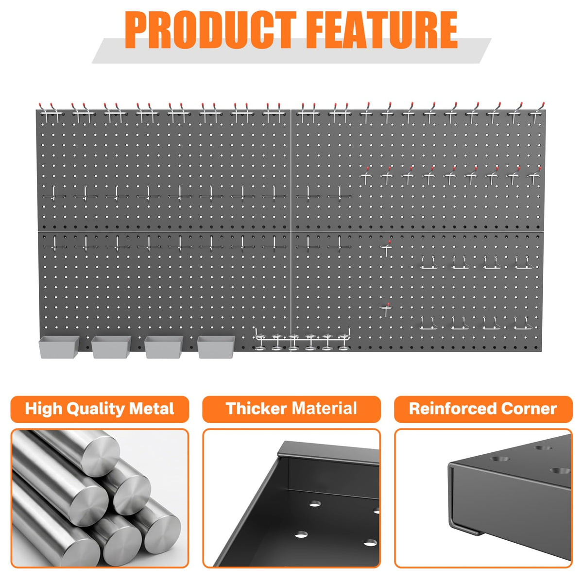 TORACK Garage Tools Organizer Boards Kit with Hooks, Modular Wall-Mounted Tool Storage Pegboard for Workbench(Black, 4 Panels with Hooks)
