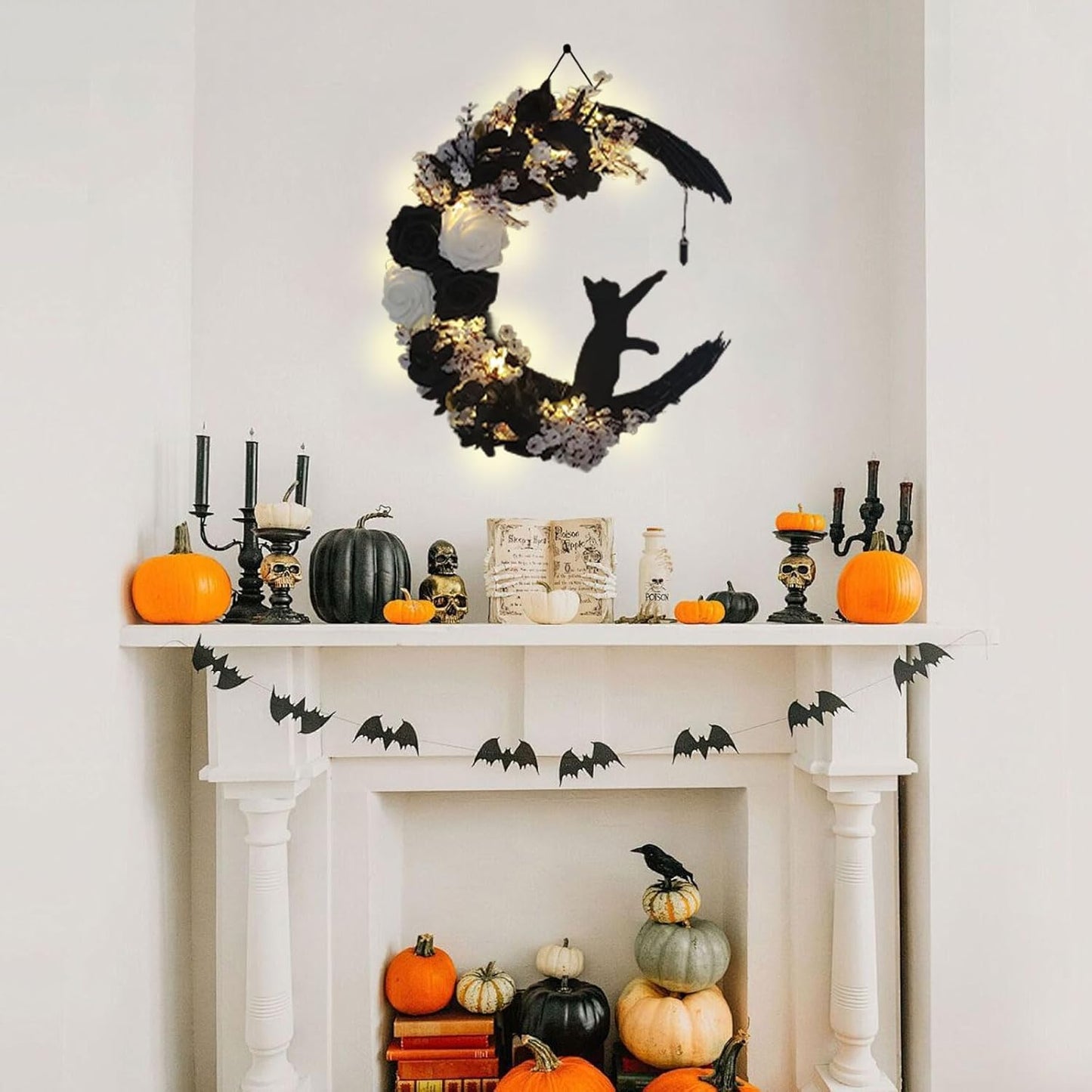 Black White Halloween Wreath with Lights, Crescent Moon Cat Gothic Wreath with Black Rose, Witchy Dark Spooky Front Door Decor for Indoor Wall Home (Black, with Lights)