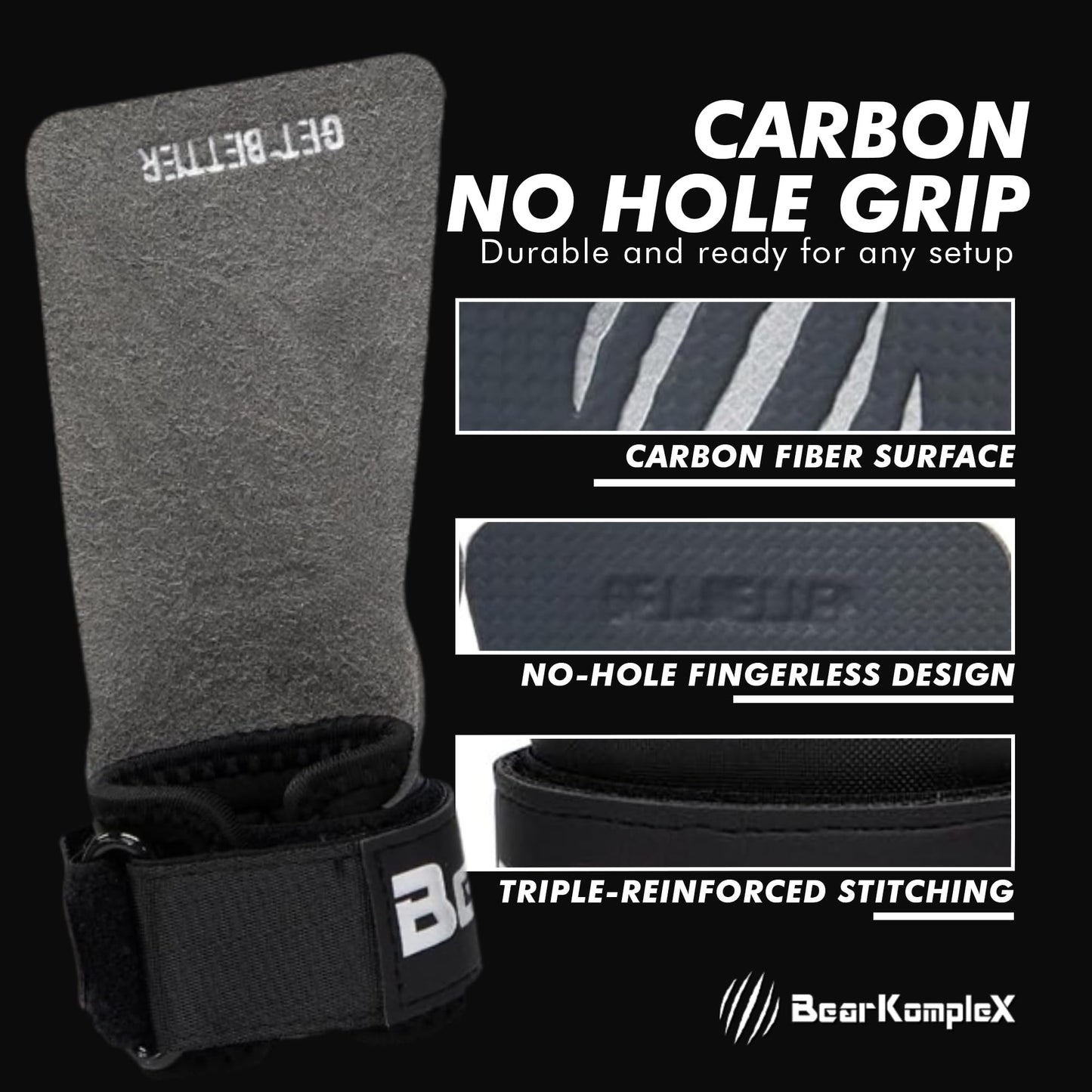 Bear KompleX No Hole Carbon Hand Grips - Non-Slip Fingerless Gymnastics Grips for Weight Lifting, Pull-ups & Cross Training | Lightweight, Padded Wrists & Foldable Grip.