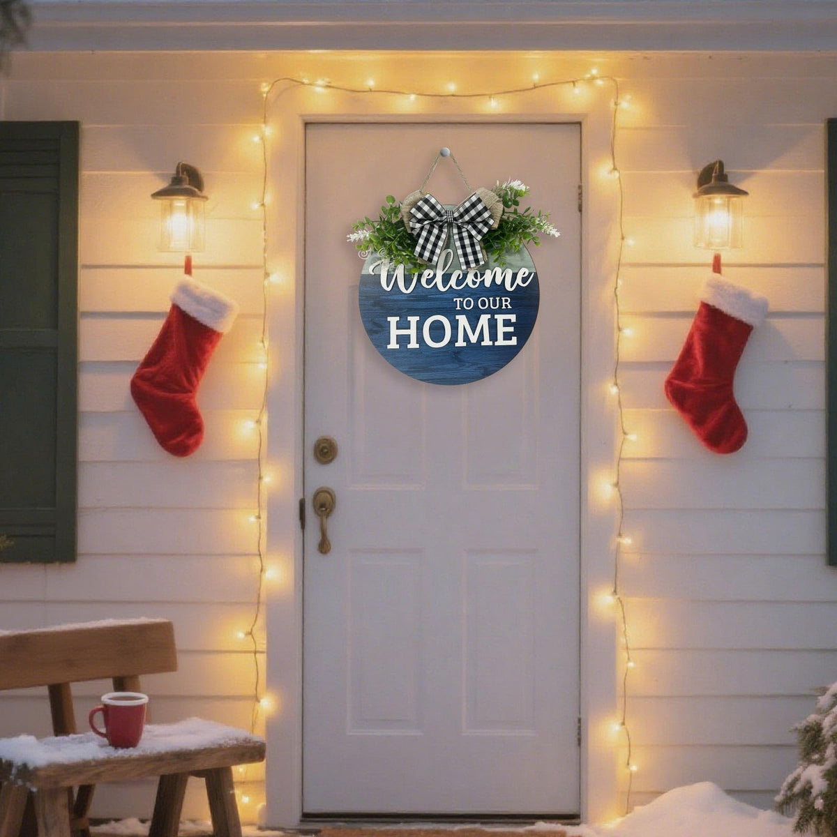 VPDTVK Welcome Sign for Front Door, Rustic Welcome Door Sign Outdoor Wreaths Decor for Spring Summer Autumn and Winter All Seasons Holiday Halloween Christmas(Blue)