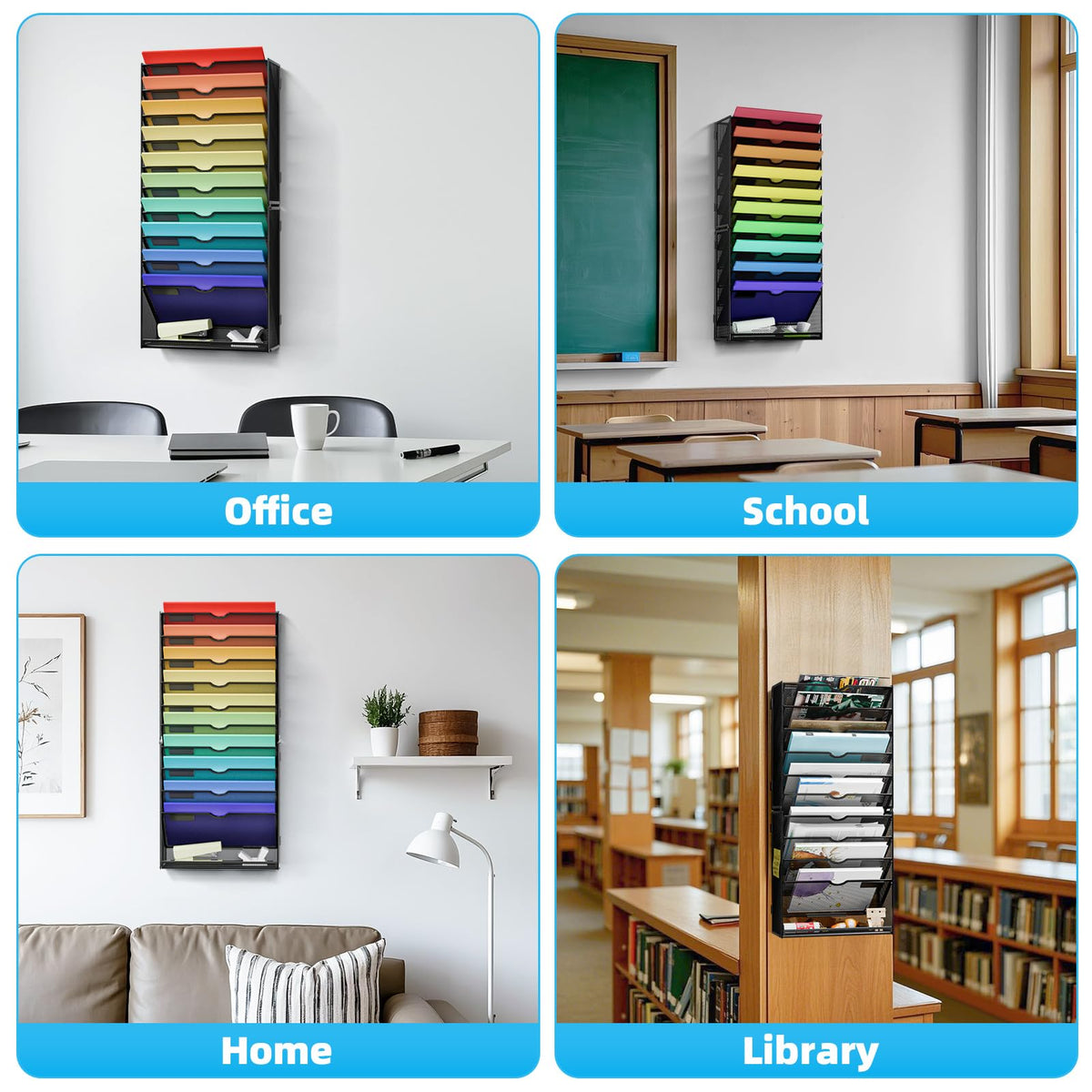 Marbrasse Wall File Holder 11-Tier Hanging Wall File Organizer, for Papers, Files Clipboard & Magazine Organizer, Wall Mount File Holder Great for Office Home (Black)