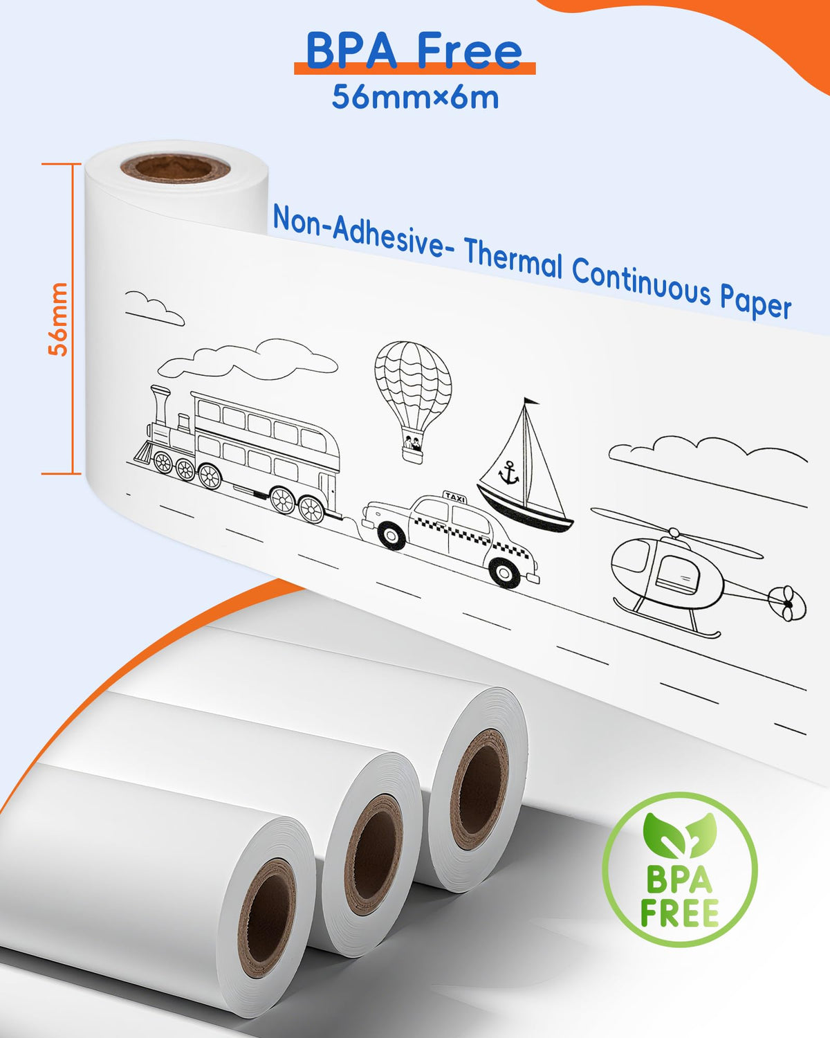 InkWon Non-Adhesive Thermal Paper 3-Roll Pack, 56mm * 6m BPA-Free Continuous Roll Paper Compatible with B21 Label Maker, Ideal for Journaling, Photo,Study Notes, Black Font